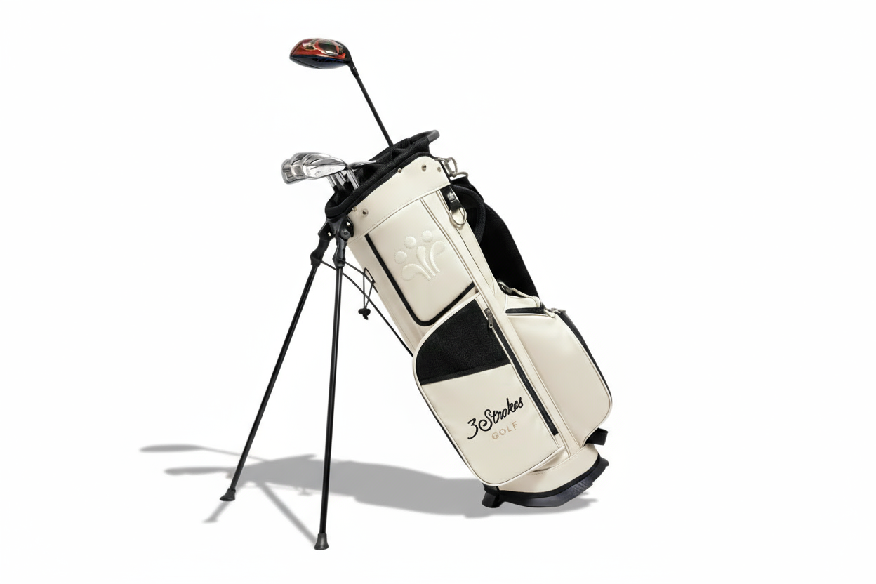 Cream-colored golf bag with black accents on a white background