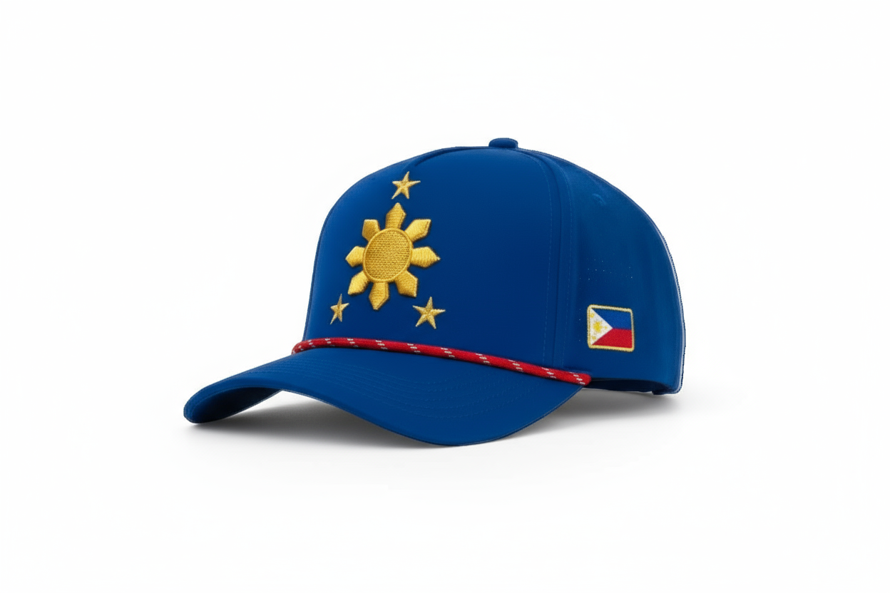 Blue cap with yellow sun design and small flag on a white background