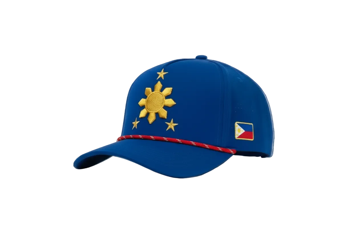 Blue cap with yellow sun design and small flag on a white background