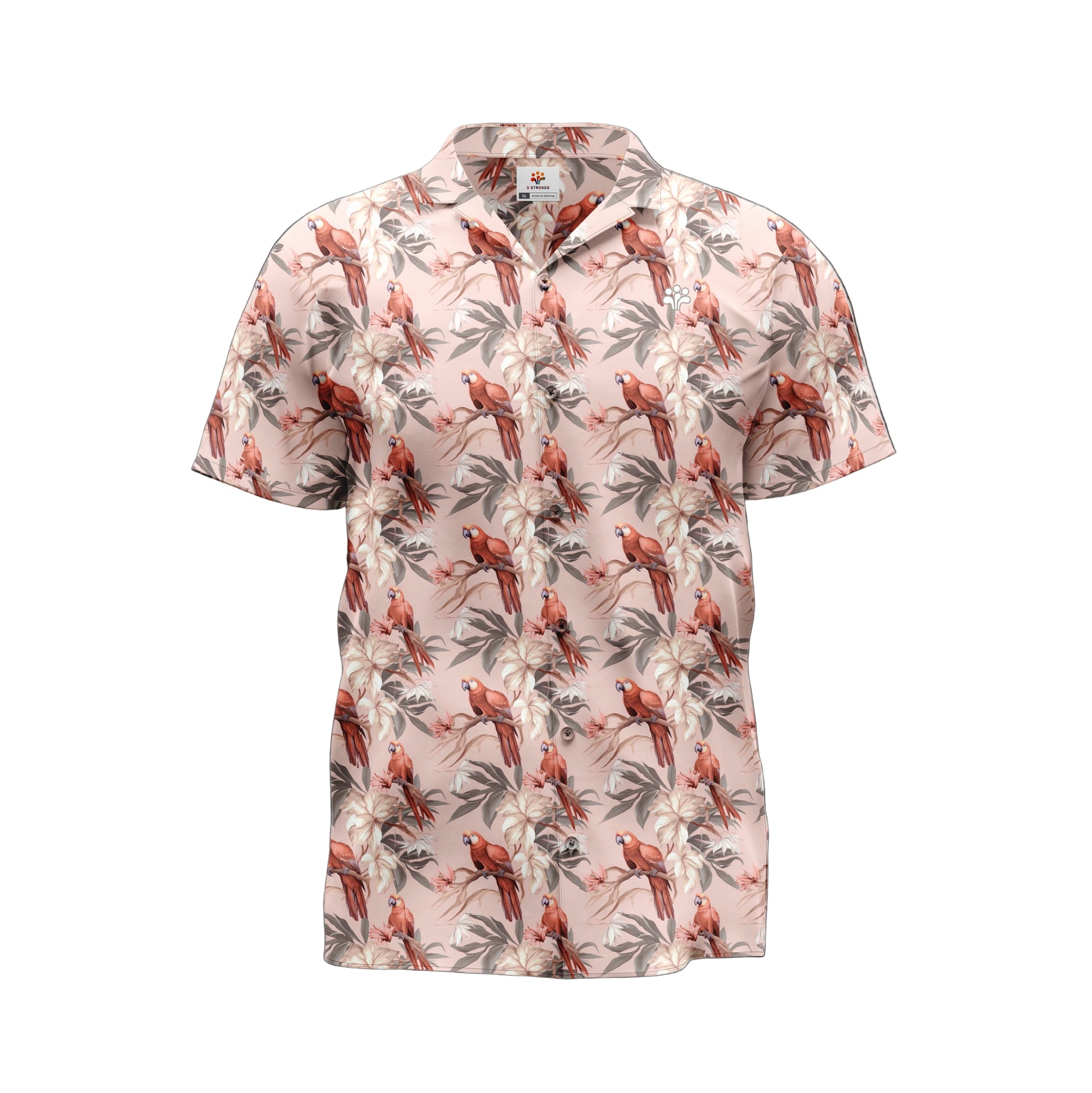 A pink shirt with a floral pattern featuring parrots and other tropical birds.