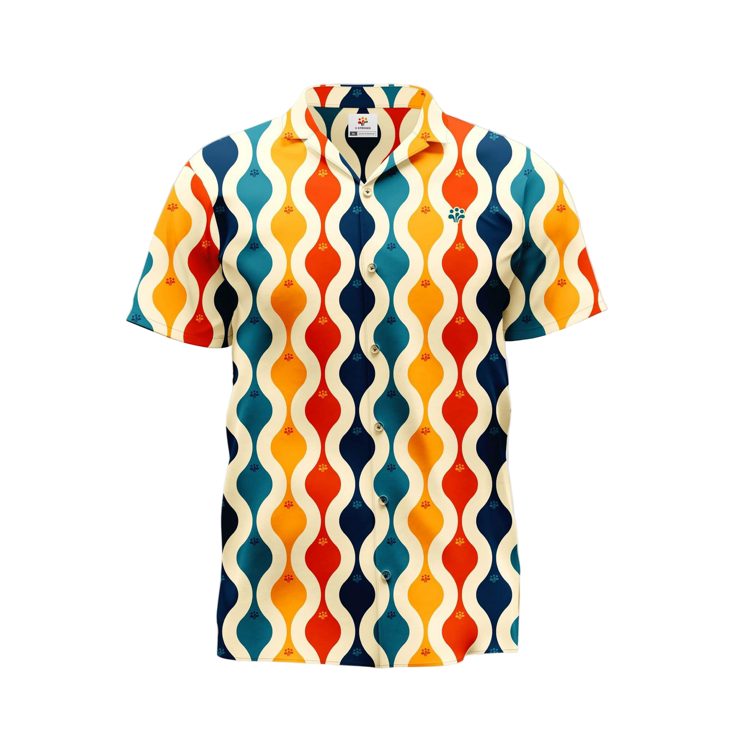 A short-sleeved button-up shirt with a multicolored geometric pattern.