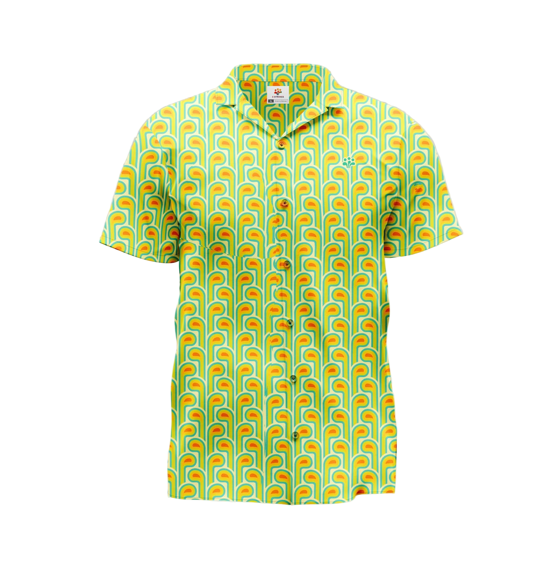 A yellow polo shirt with geometric pattern.