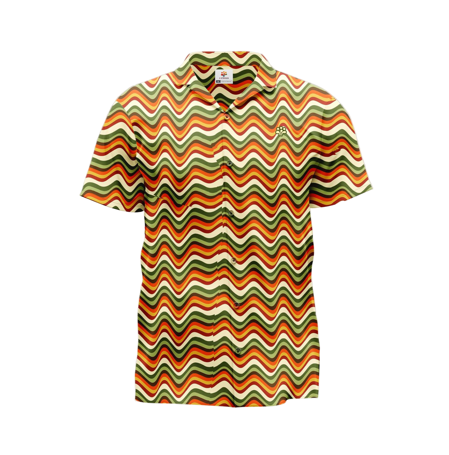 A short-sleeved, patterned t-shirt with a zigzag design in shades of orange, brown, and green.