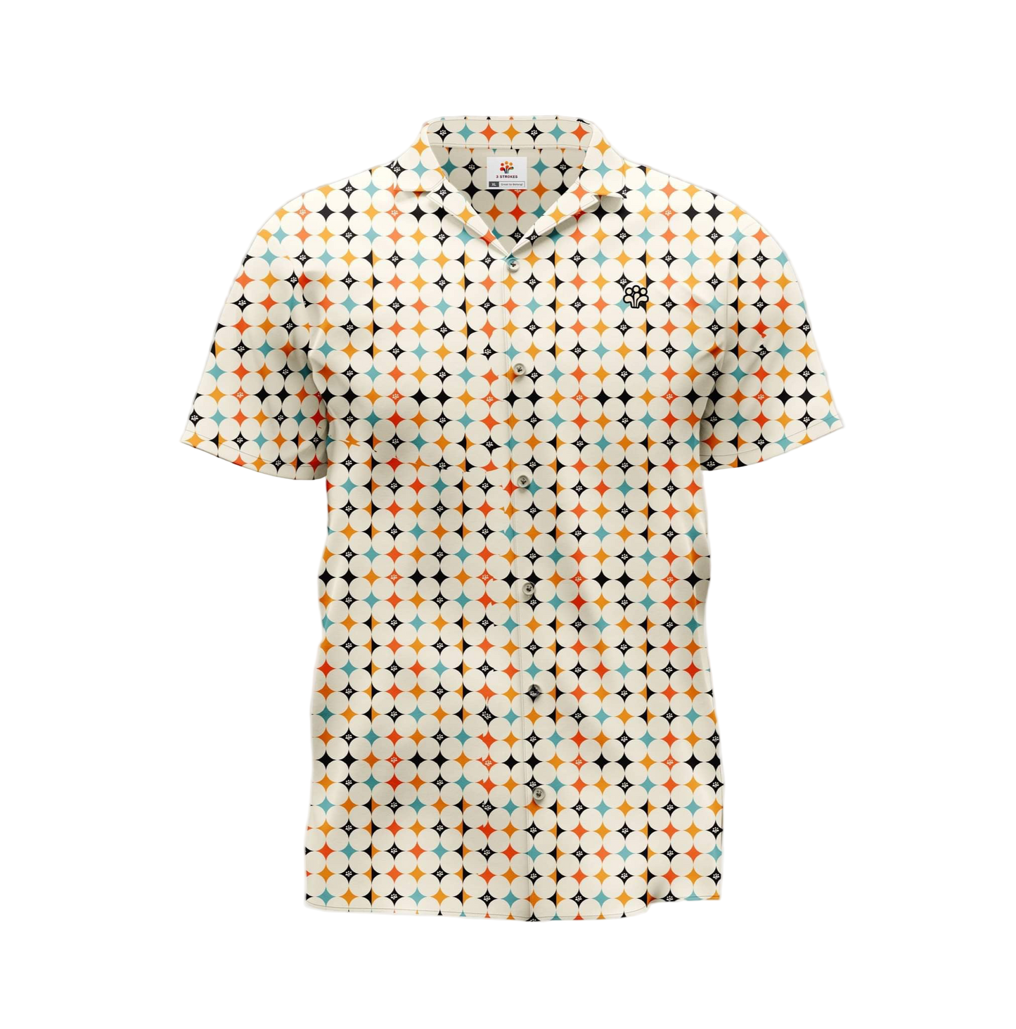 A short-sleeved button-up shirt with a multicolored geometric pattern.