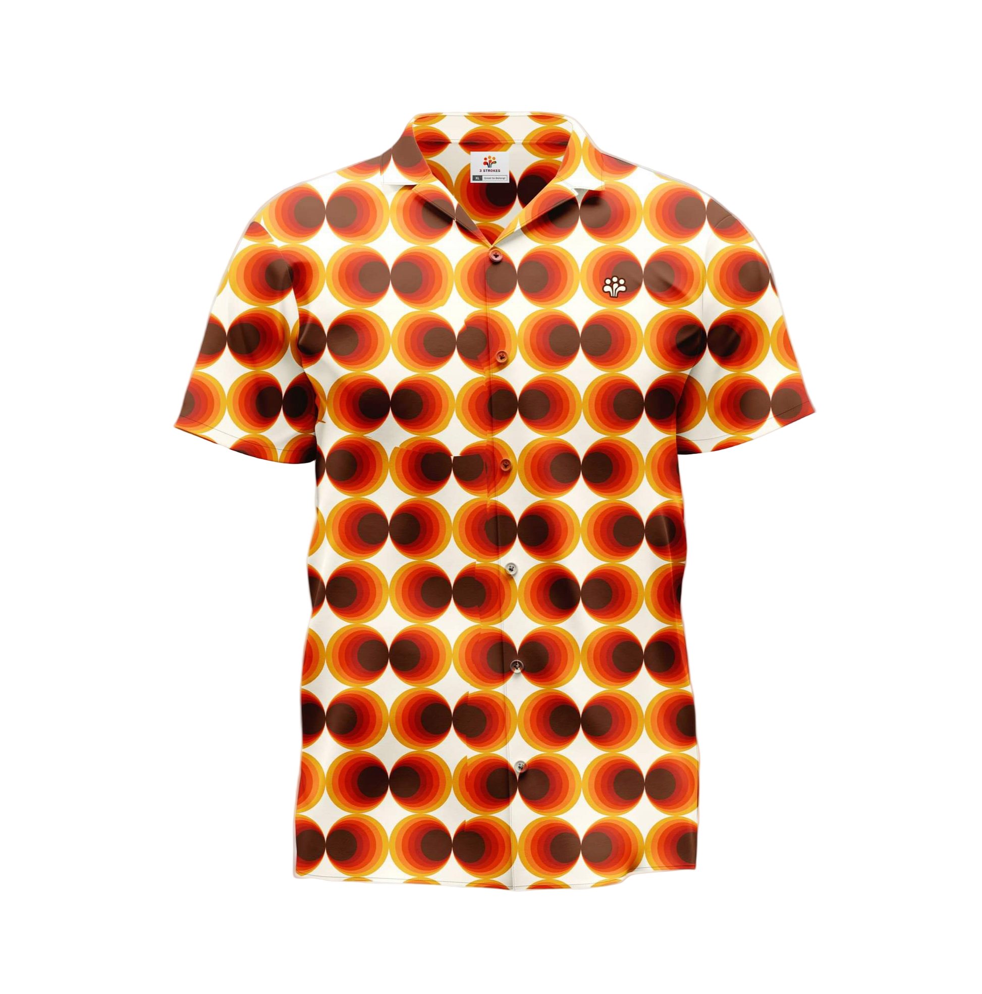 A polo shirt with an orange and white geometric pattern.