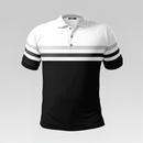 Black and white polo shirt with gray stripes on a gray background