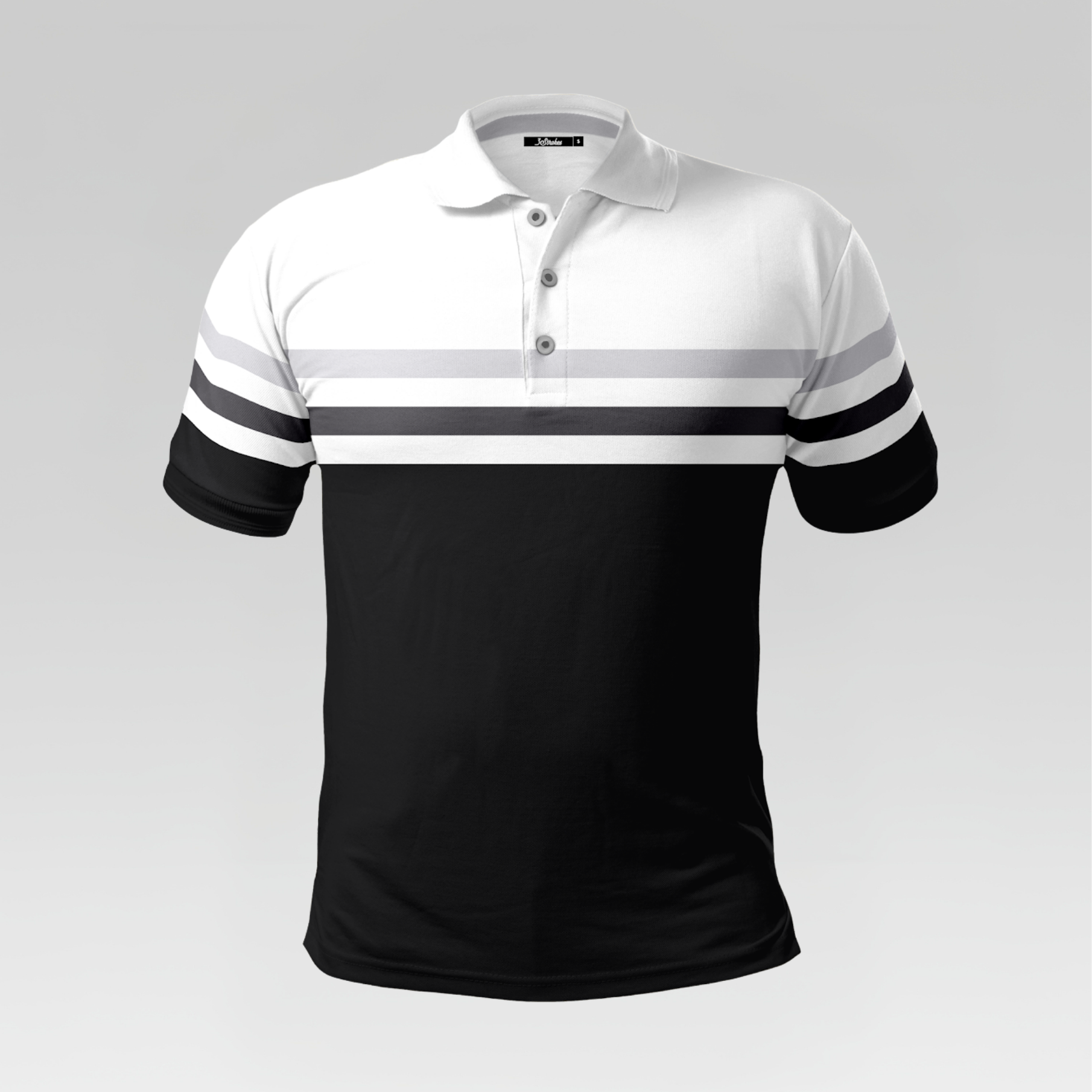 Black and white polo shirt with gray stripes on a gray background