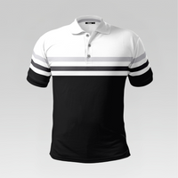 Black and white polo shirt with gray stripes on a gray background
