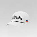 White cap with '3 Strokes' logo and a small flag on a gray background