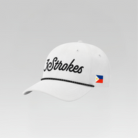 White cap with '3 Strokes' logo and a small flag on a gray background