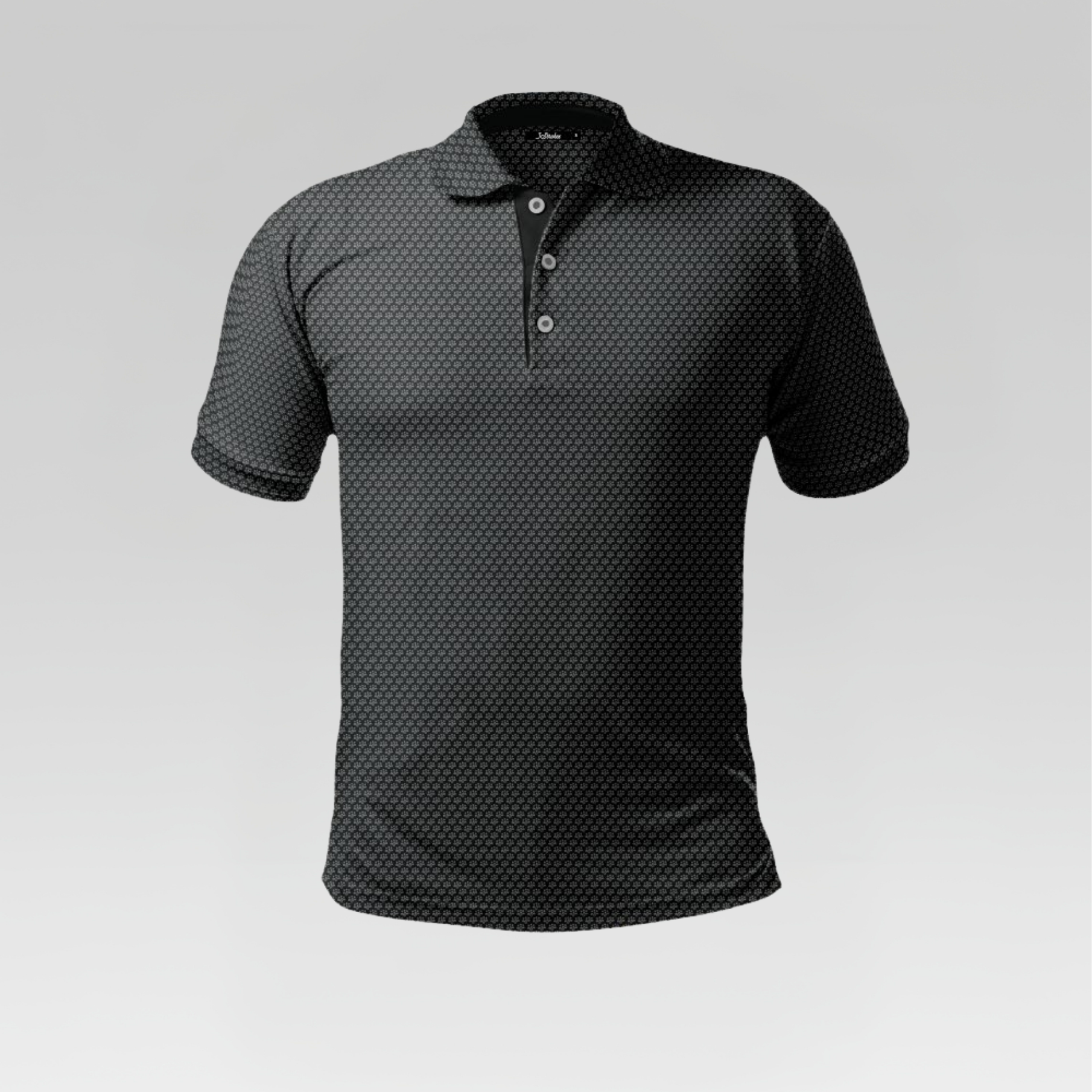 Black polo shirt with white pattern on a light gray background