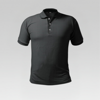 Black polo shirt with white pattern on a light gray background
