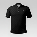 Black polo shirt with a small logo on a light gray background
