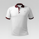 White polo shirt with red and black accents on a gray background