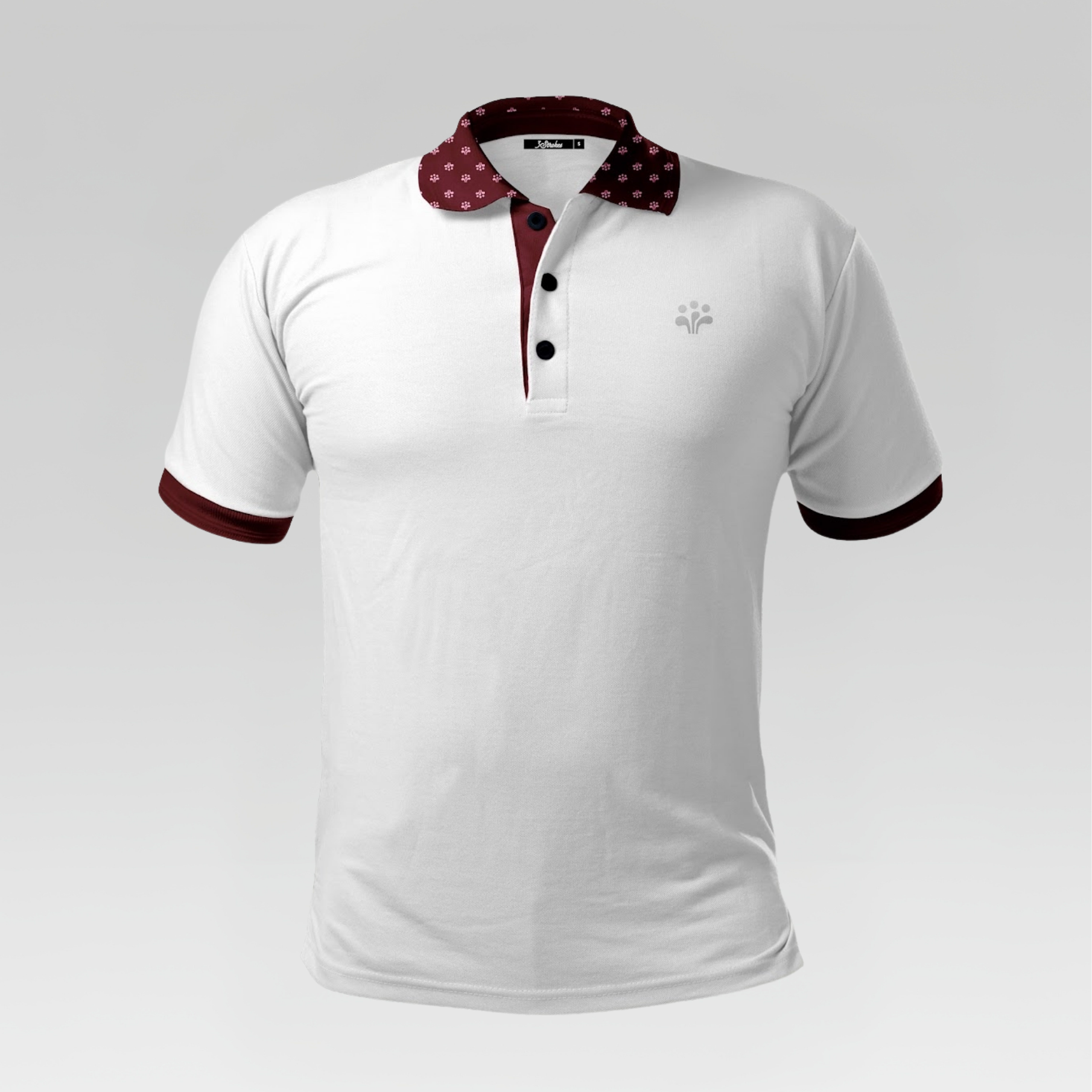 White polo shirt with red and black accents on a gray background