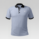 Gray polo shirt with black collar and cuffs on a light gray background