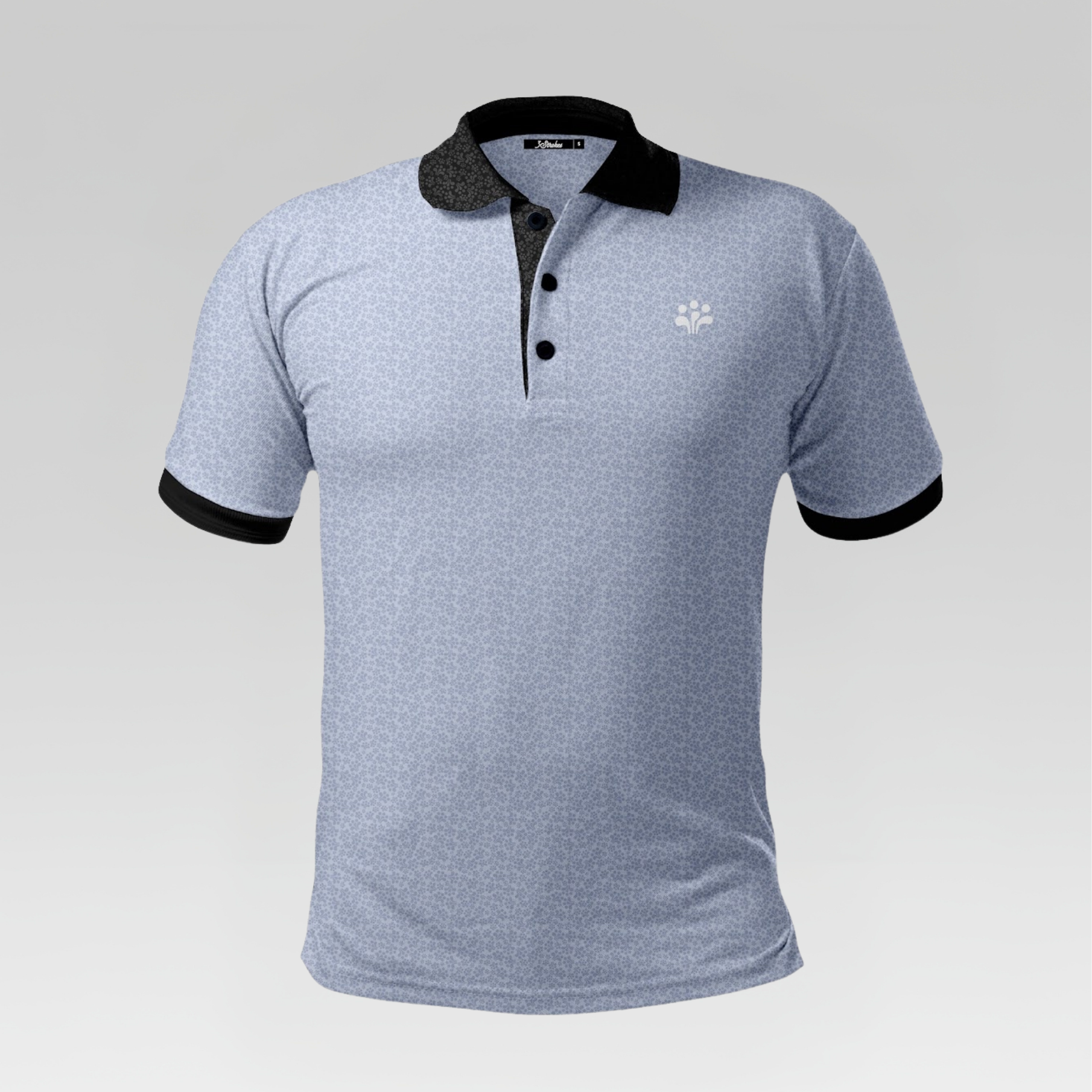 Gray polo shirt with black collar and cuffs on a light gray background