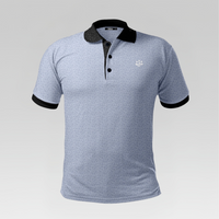 Gray polo shirt with black collar and cuffs on a light gray background