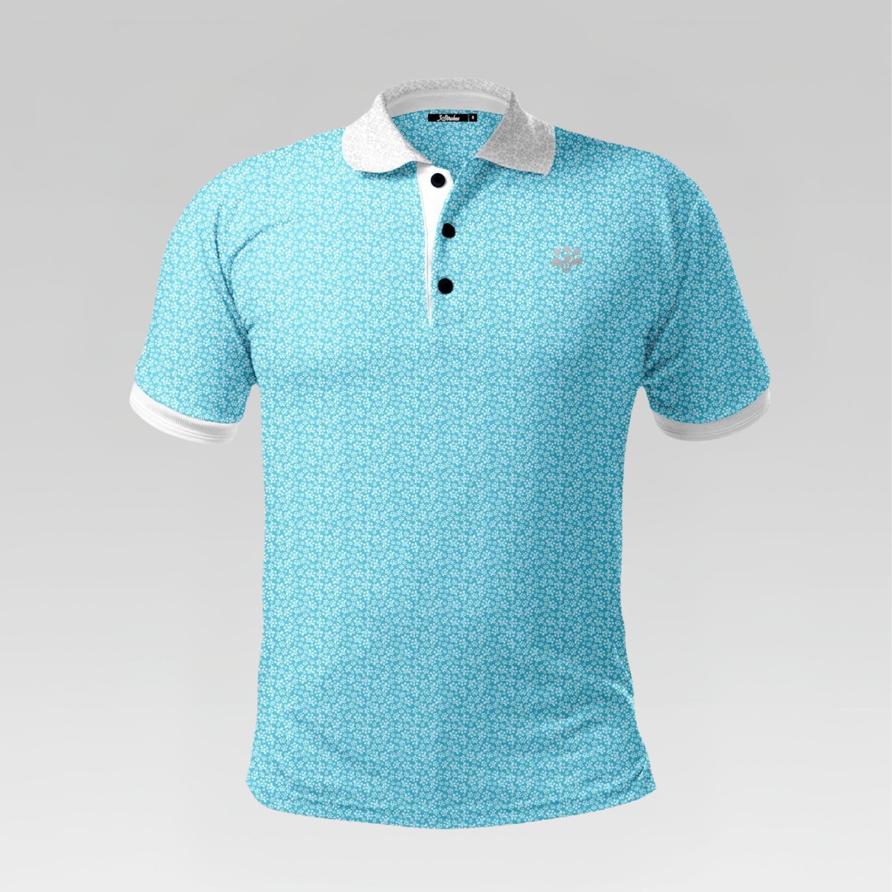 Light blue polo shirt with white collar and buttons on a gray background