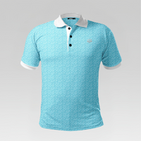 Light blue polo shirt with white collar and buttons on a gray background
