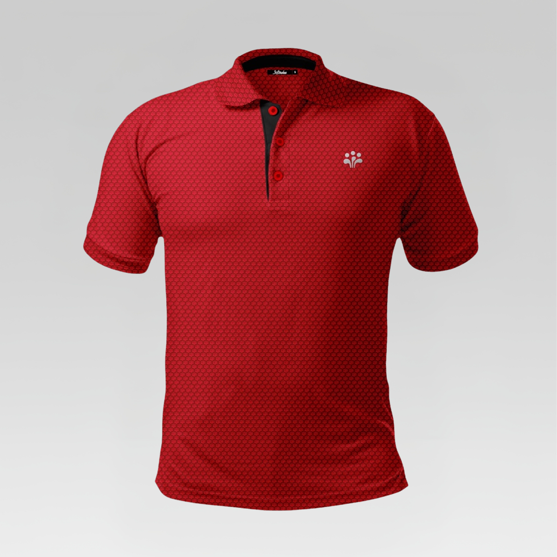 Red polo shirt with a small logo on a gray background