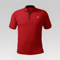 Red polo shirt with a small logo on a gray background