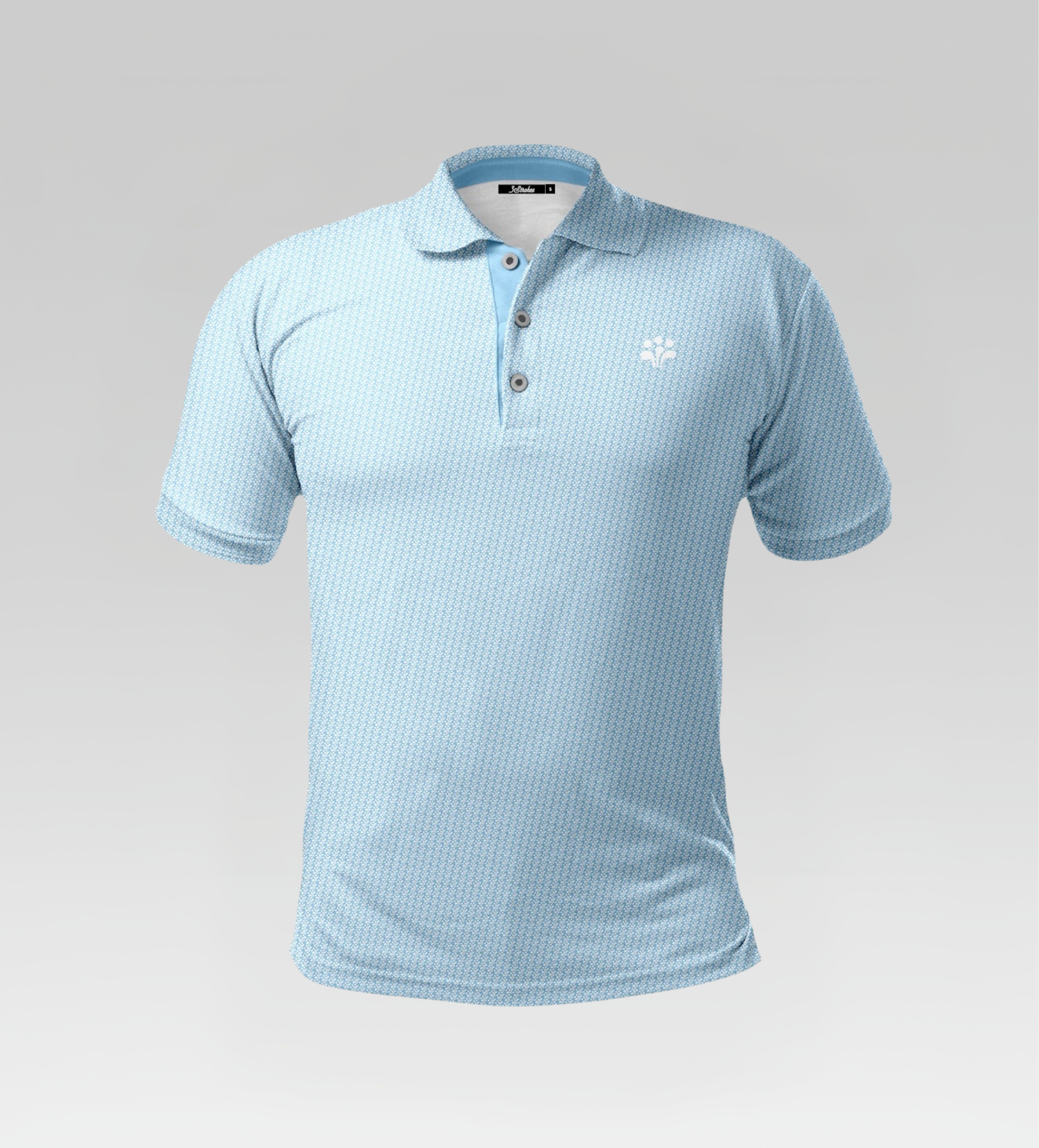 Light blue checkered polo shirt with a brand logo on a gray background
