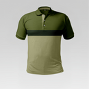 Green polo shirt with a black stripe on a gray background