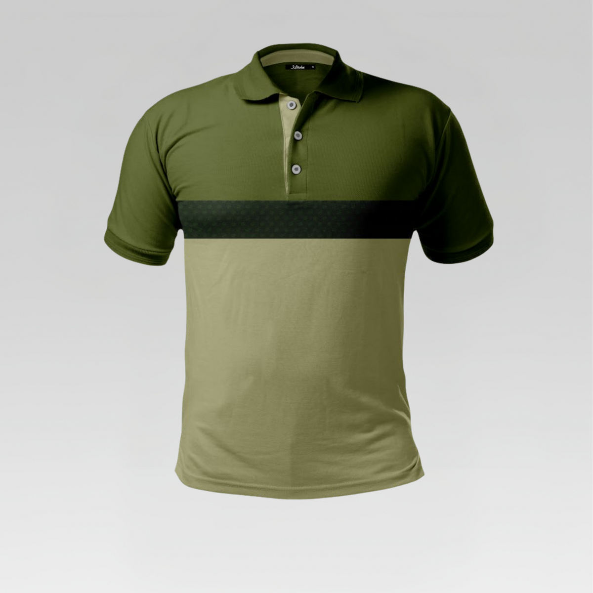 Green polo shirt with a black stripe on a gray background