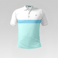 White and light blue polo shirt on a gray background