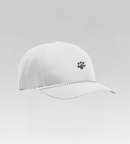 White baseball cap with a small logo on a light gray background