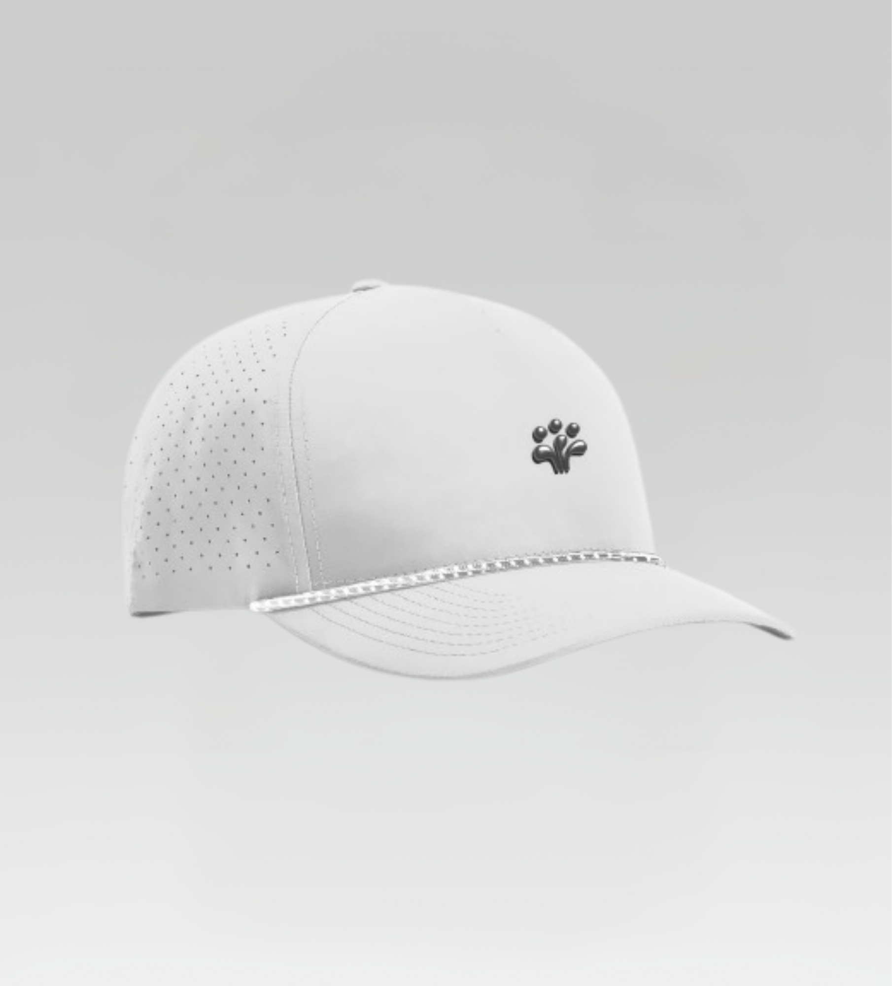 White baseball cap with a small logo on a light gray background