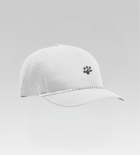 White baseball cap with a small logo on a light gray background