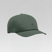 Green baseball cap with a small logo on a light gray background