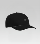 Black cap with a small logo on a light gray background