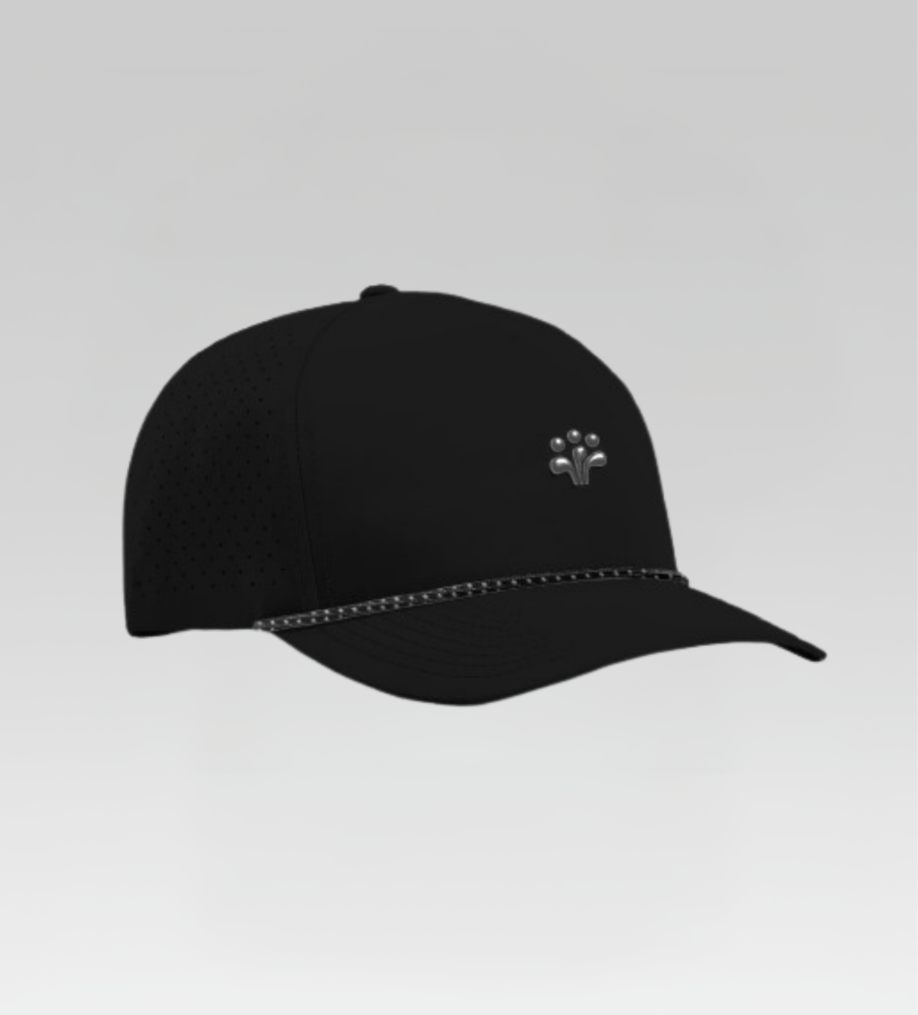 Black cap with a small logo on a light gray background