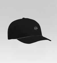 Black cap with a small logo on a light gray background