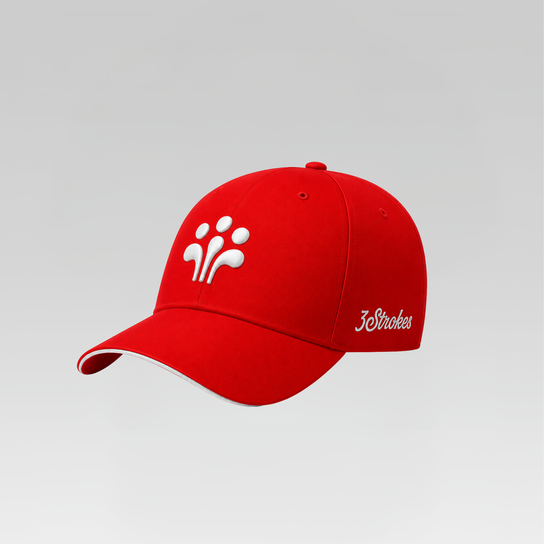 Red cap with a logo and text on a gray background