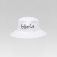 A white bucket hat with '3 Strokes' embroidered in gray on the front, set against a light gray gradient background.