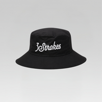 A black bucket hat with '3Strokes' embroidered in white script across the front, set against a neutral gray gradient background.