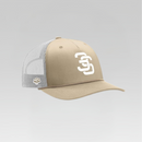 Beige and gray cap with a logo on a light gray background
