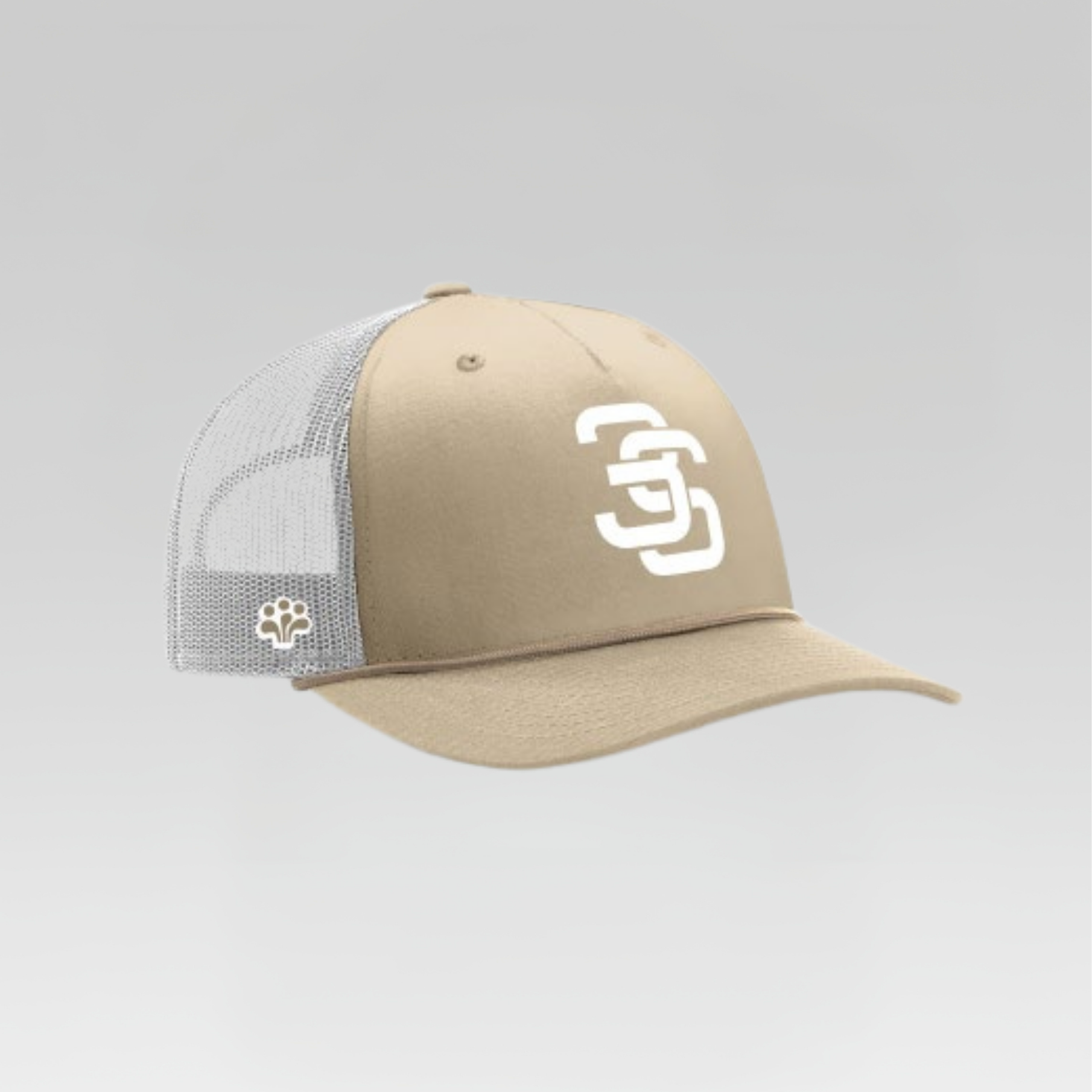 Beige and gray cap with a logo on a light gray background