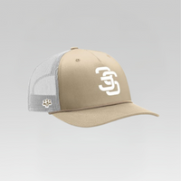 Beige and gray cap with a logo on a light gray background