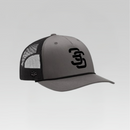 Gray and black cap with a logo on a light gray background