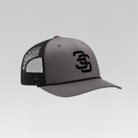 Gray and black cap with a logo on a light gray background