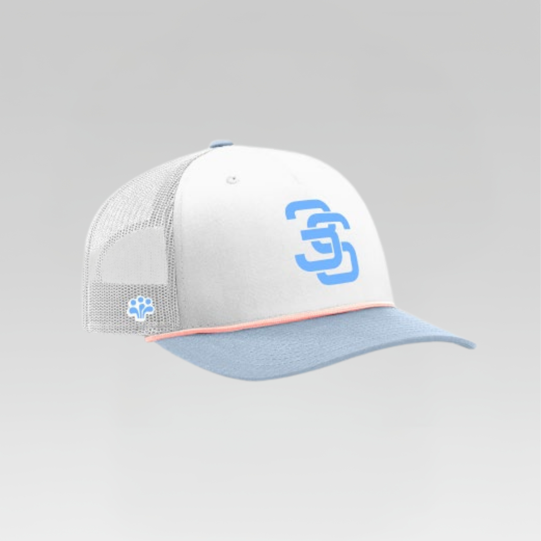 White and blue cap with a logo on a gray background