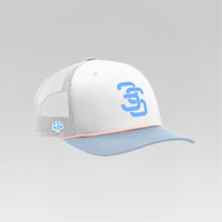 White and blue cap with a logo on a gray background