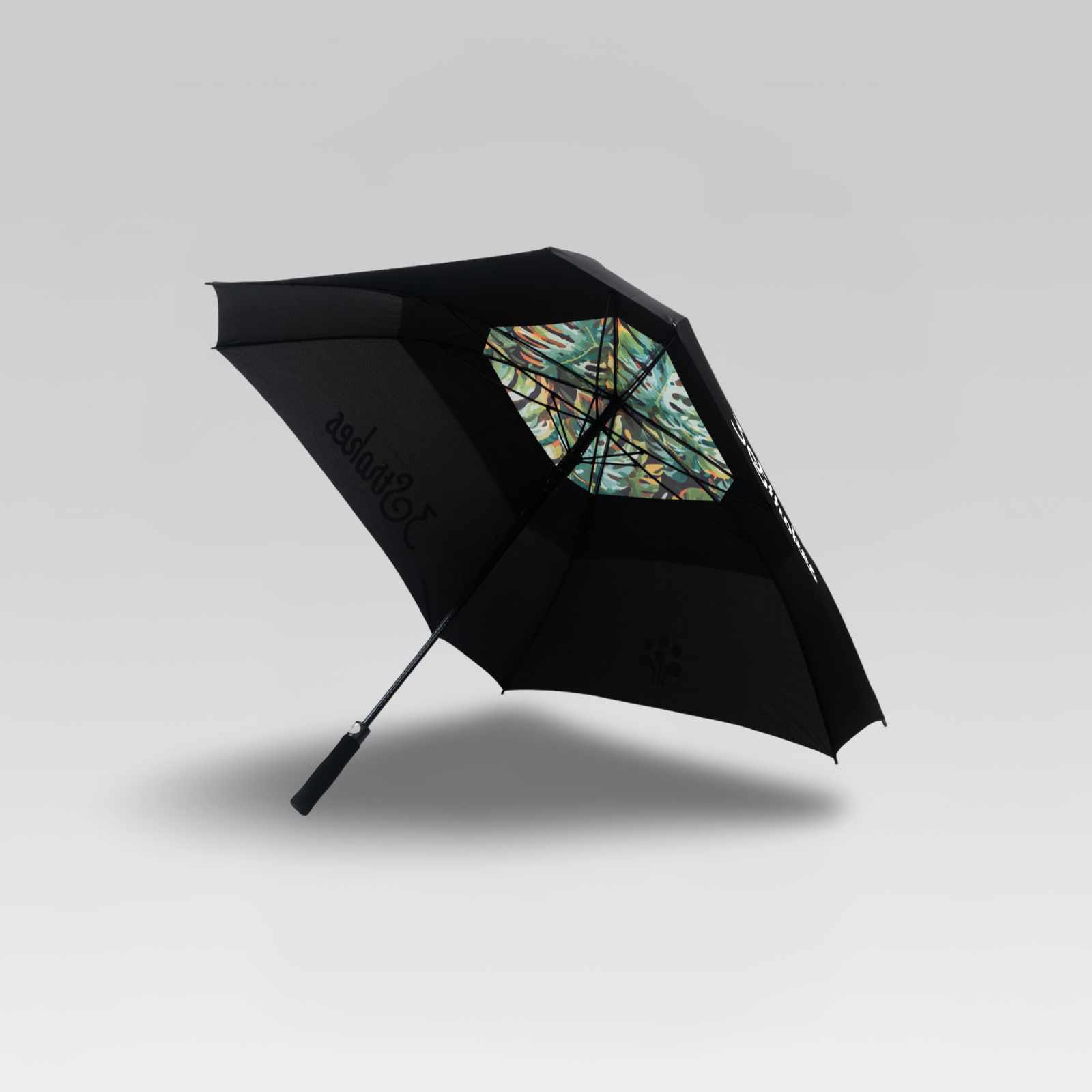 3-Strokes-Square-Tour-Umbrella-Tropical-Floral-Print-Black-Panels-Signature-Logo-Golf-Gear