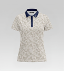 White floral-patterned polo shirt with navy collar on a light gray background