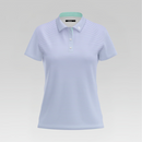 A women's short-sleeve polo shirt with fine horizontal light blue and white stripes, featuring a light mint green inner collar lining and white buttons on a placket, shown against a neutral gray gradient background.
